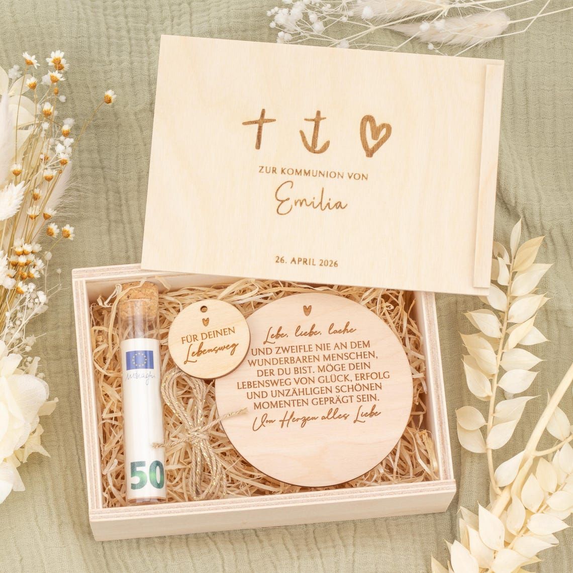 Personalisiertes Geldgeschenk aus Holz zur Kommunion, Kommunionsgeschenk für Geld und Gutscheine, Geldgeschenk aus Holz mit Gravur