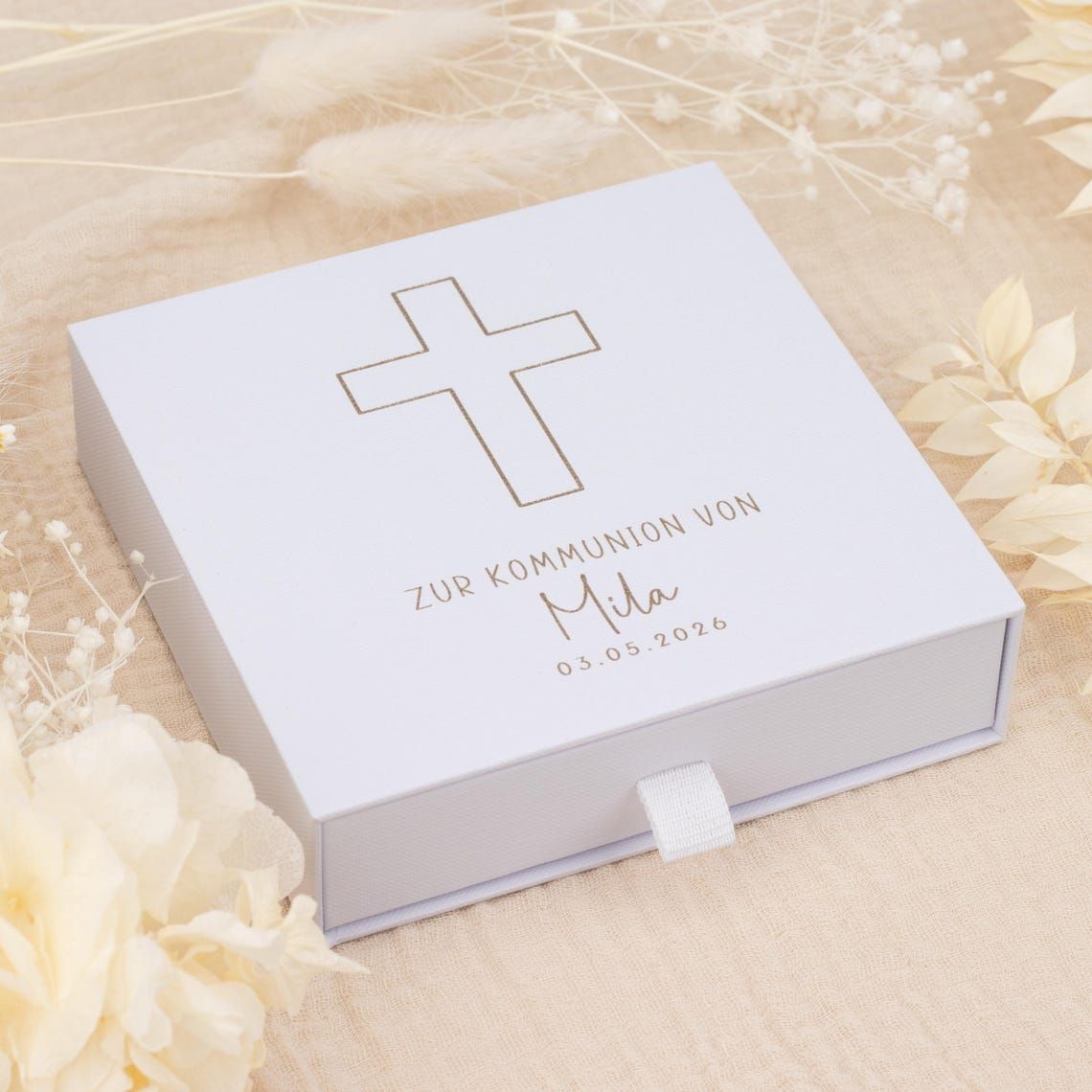Personalisiertes Geldgeschenk zur Kommunion, Kommunionsgeschenk Junge Mädchen mit Namen, Kommunion Geschenk, Geschenkbox mit Trockenblumen