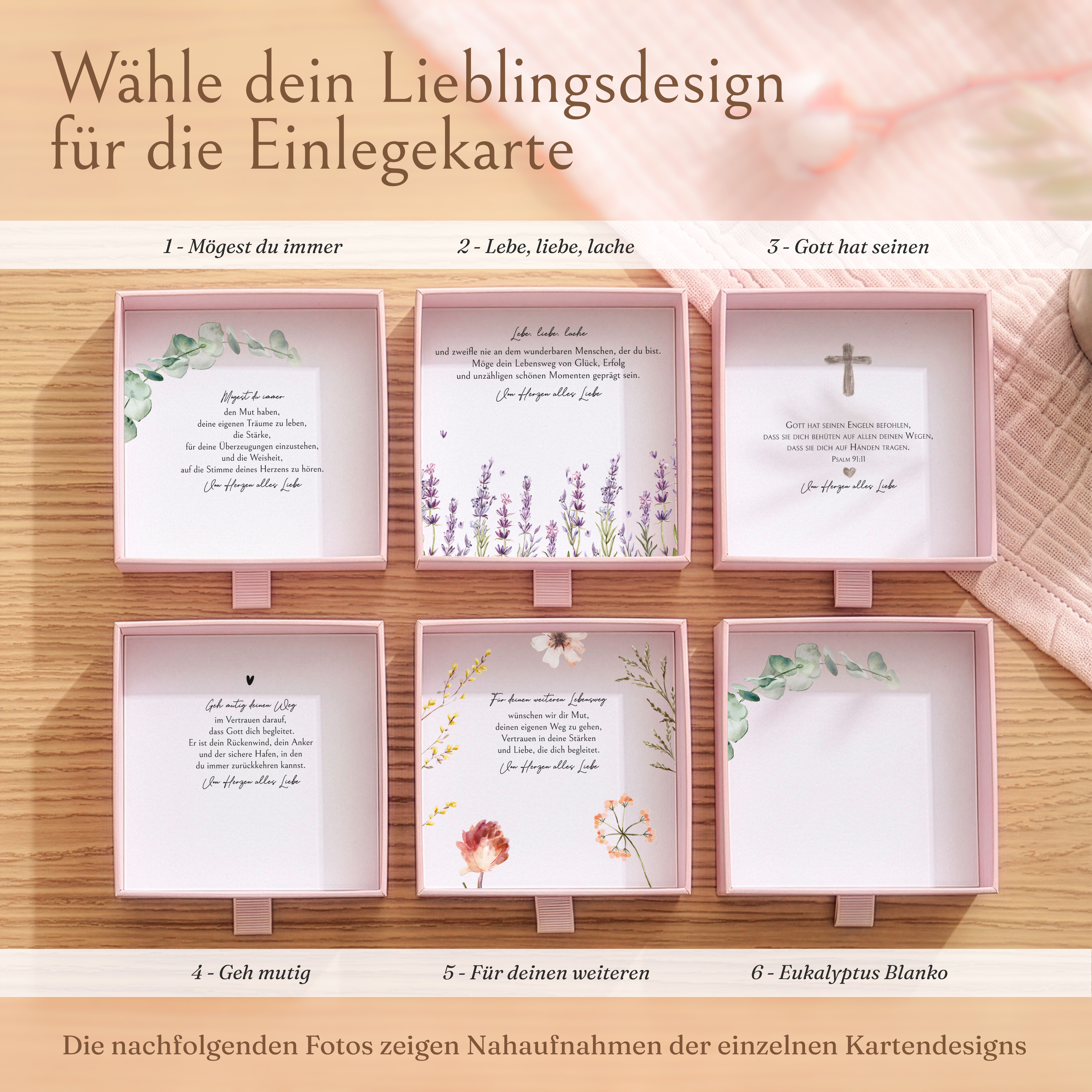 Sechs offene rosa Karton-Geschenkboxen präsentieren verschiedene Designs für personalisierbare Einlegekarten zur Konfirmation.