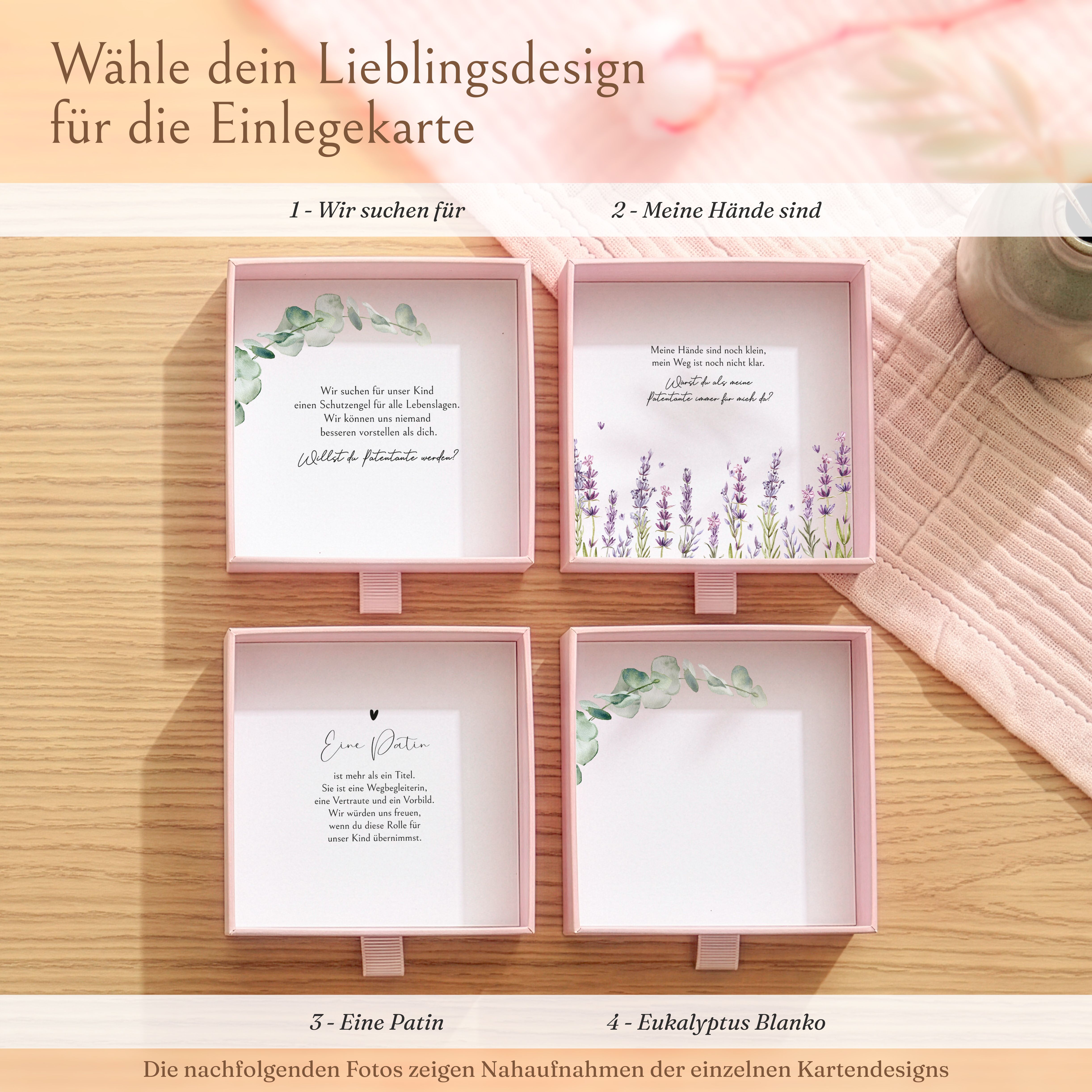 Vier offene rosafarbene Karton-Geschenkboxen zeigen verschiedene Einlegekarten-Designs für die Patenfrage, darunter florale Motive und Sprüche.