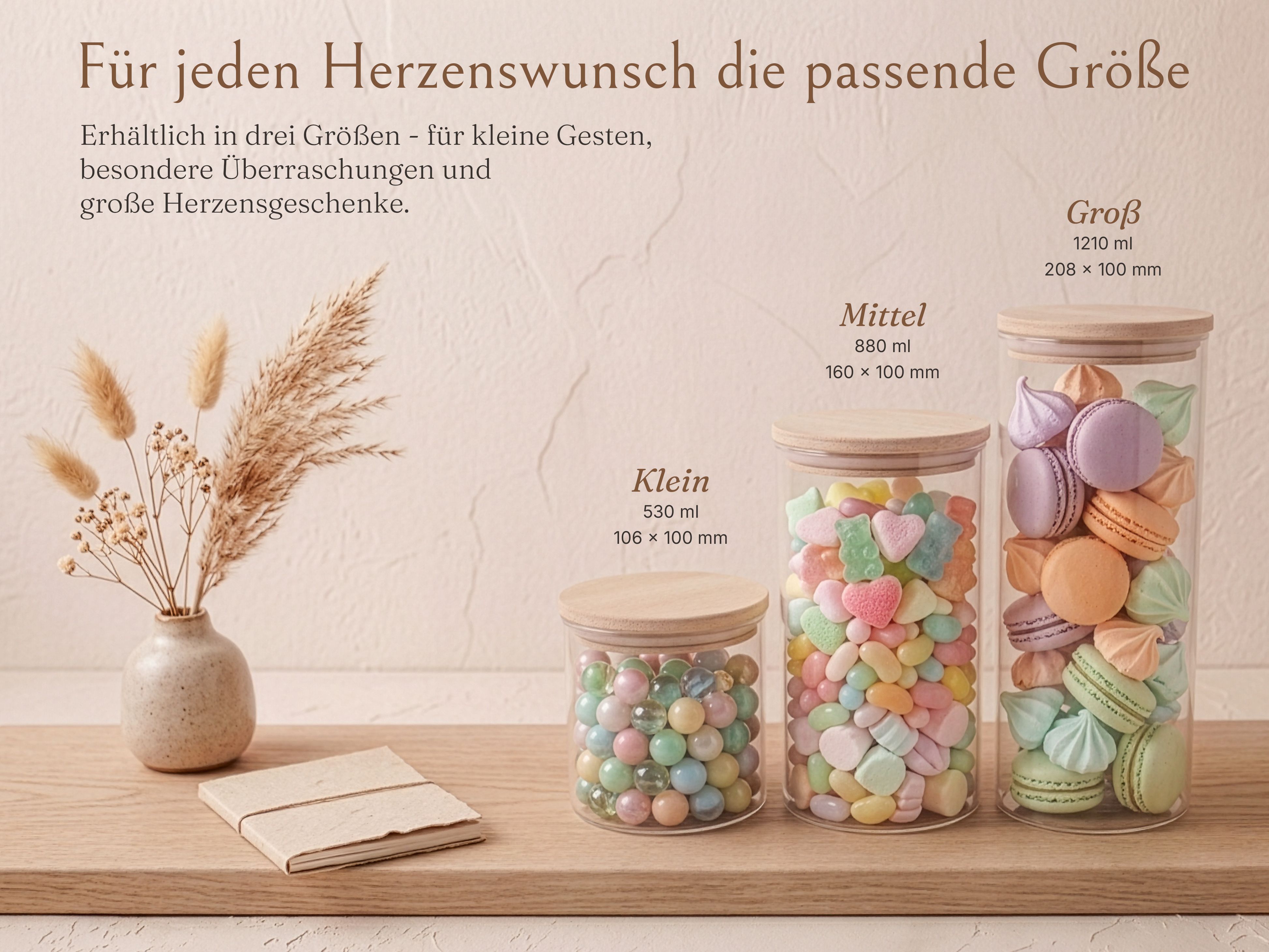 Drei unterschiedlich große Vorratsgläser aus Glas mit hellen Holzdeckeln, gefüllt mit bunten Süßigkeiten, auf einer Holzbühne.