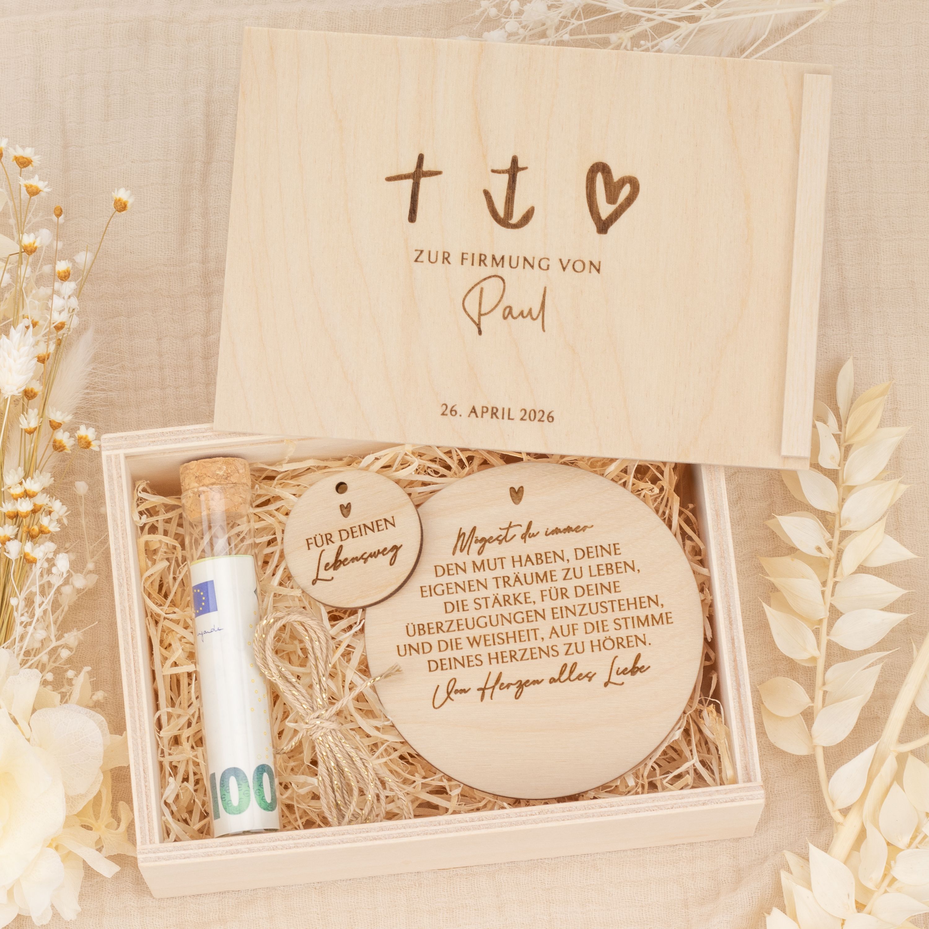 Personalisiertes Geldgeschenk zur Firmung - Holzbox "Glaube, Hoffnung, Liebe" mit Namen & Datum