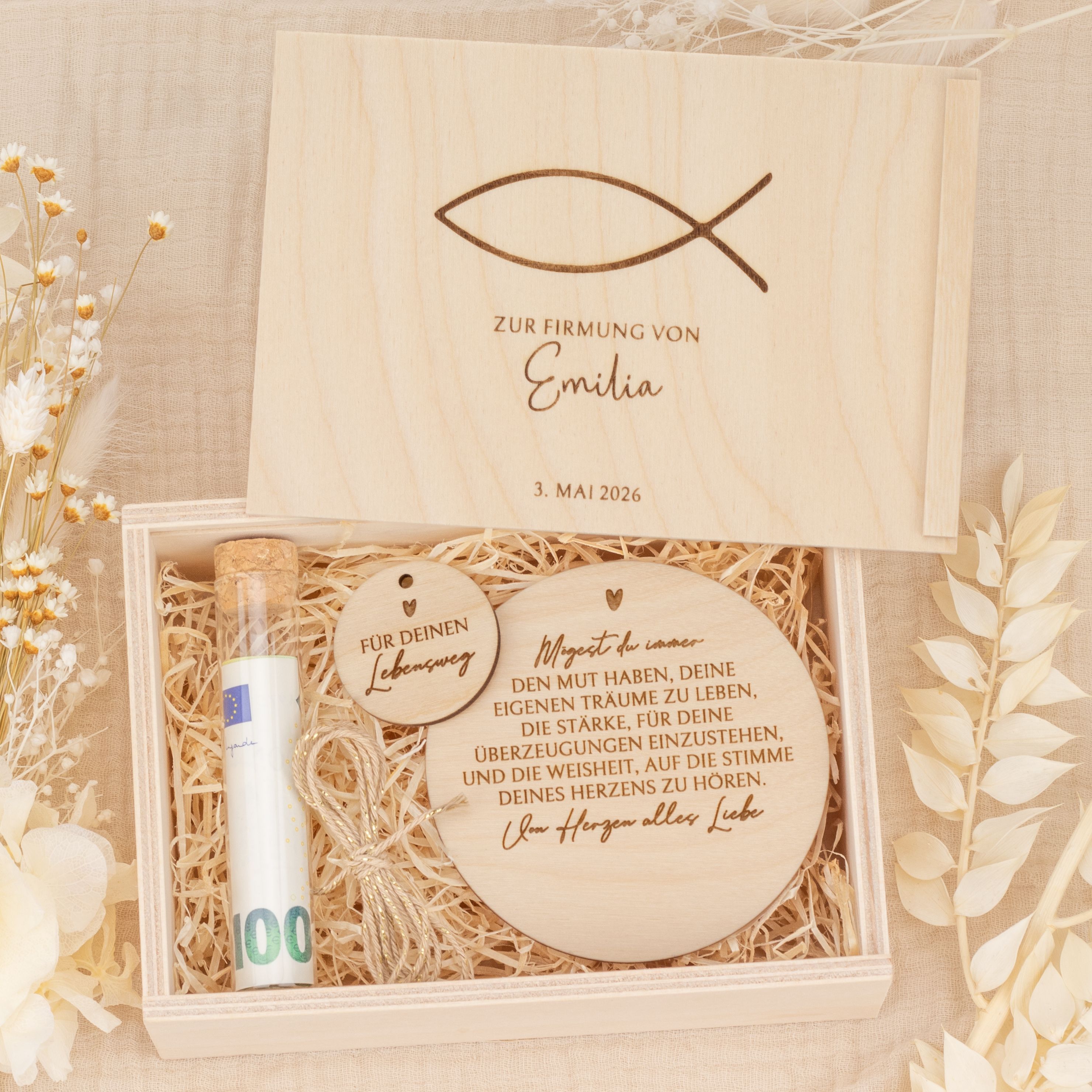 Personalisiertes Geldgeschenk zur Firmung - Holzbox "Ichthys" mit Namen & Datum