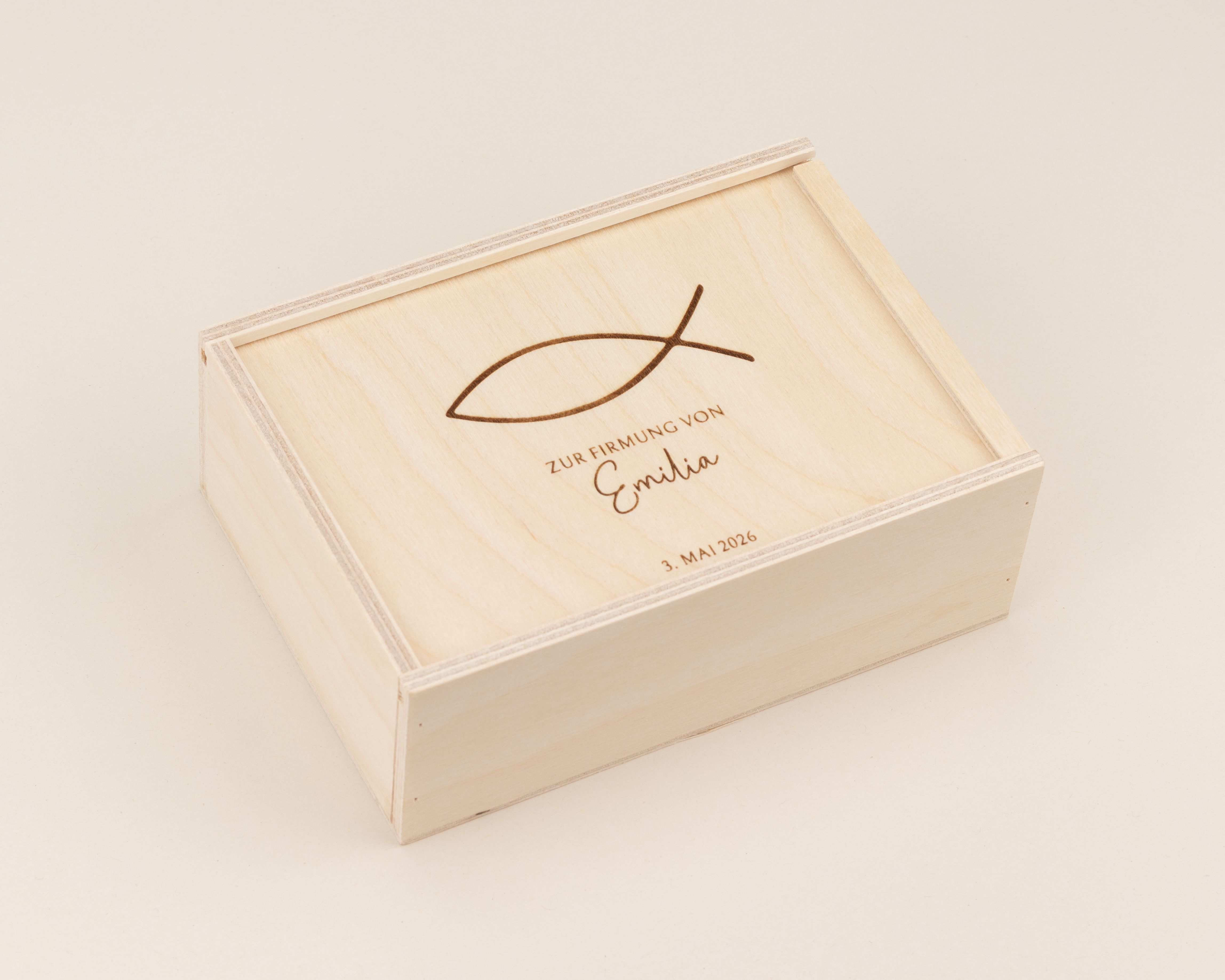 Personalisiertes Geldgeschenk zur Firmung - Holzbox "Ichthys" mit Namen & Datum