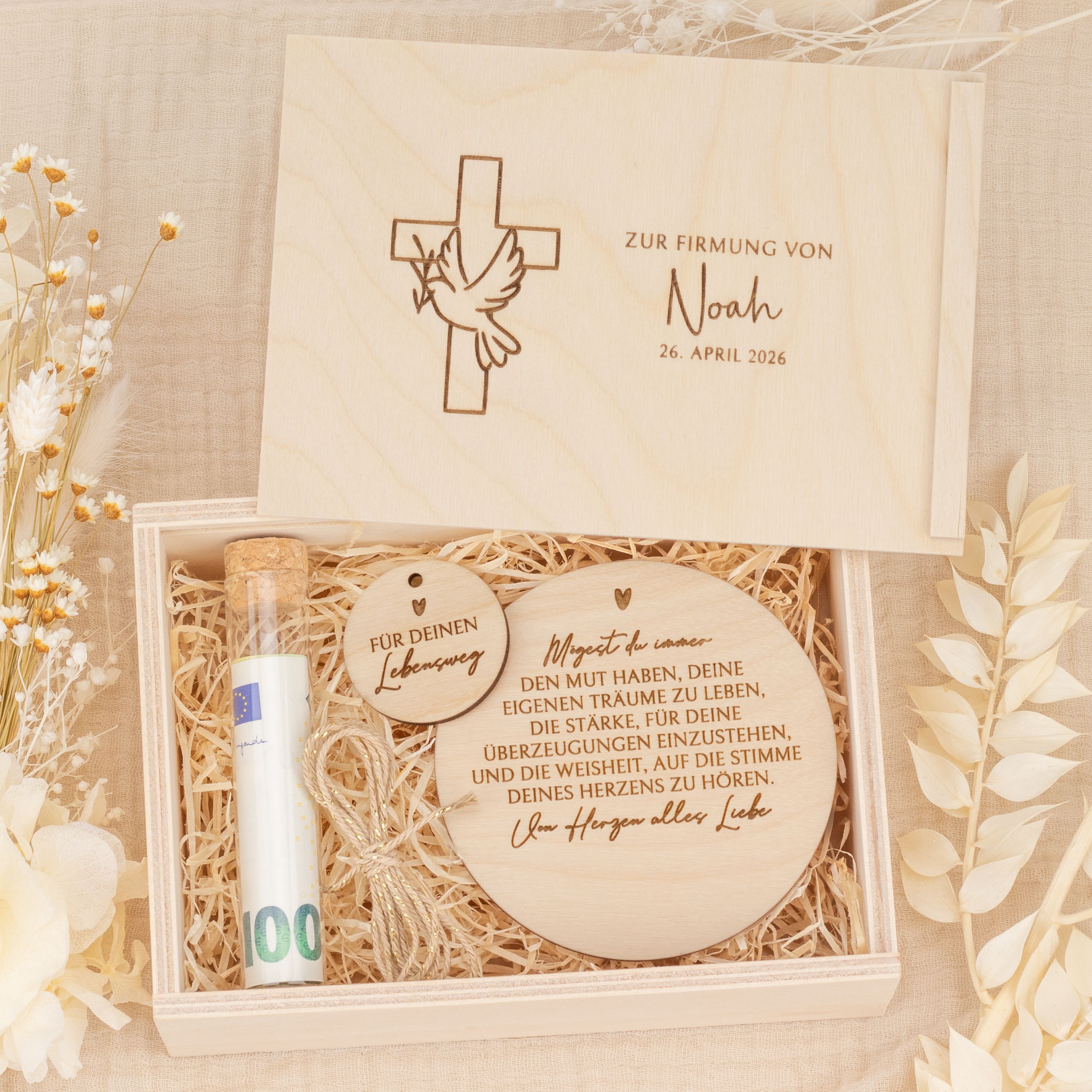 Personalisiertes Geldgeschenk zur Firmung - Holzbox "Kreuz mit Taube" mit Namen & Datum