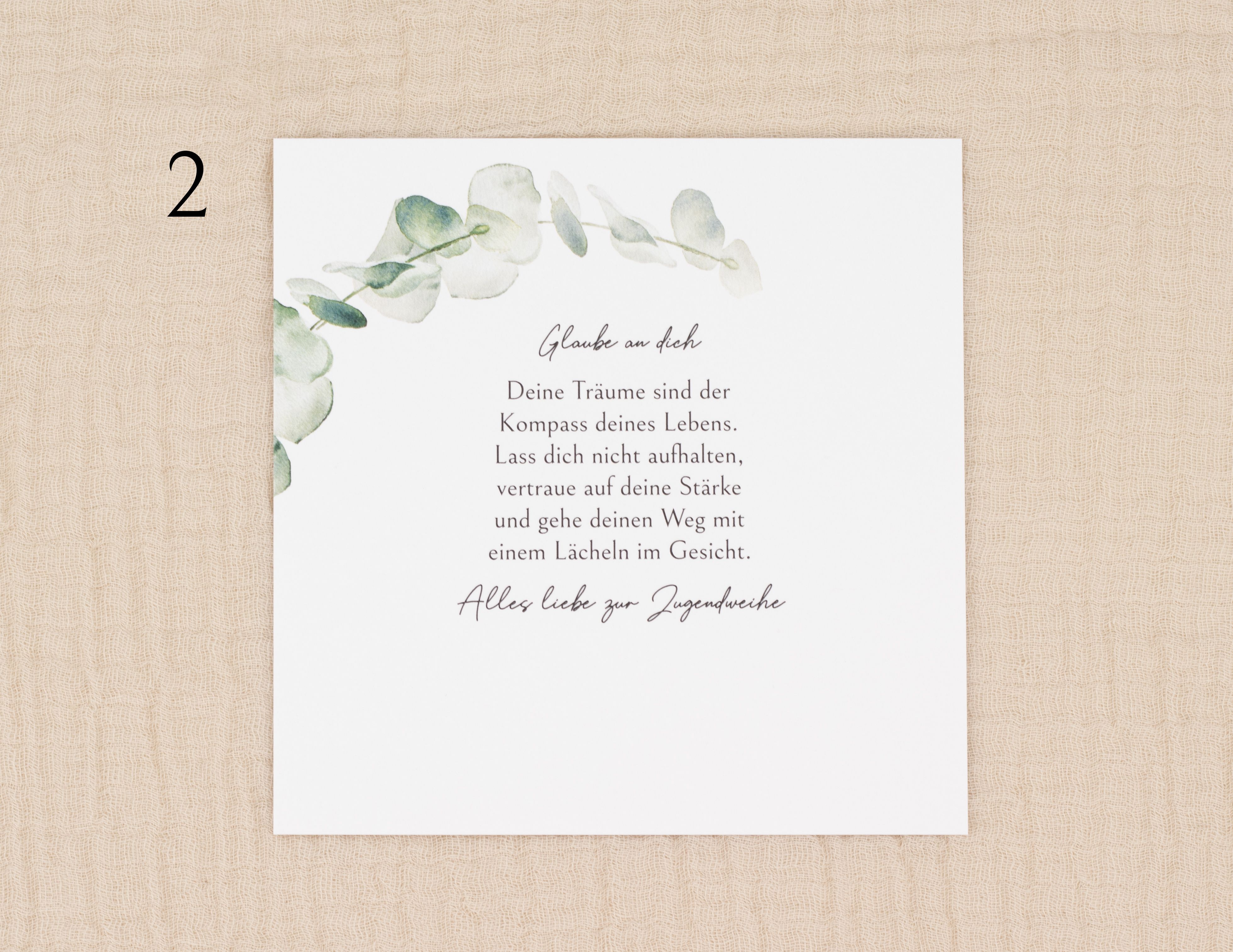 Einlegekarte für personalisierte Geschenkbox zur Jugendweihe - gestaltet mit inspirierendem Spruch und zarten Eucalyptus-Blättern