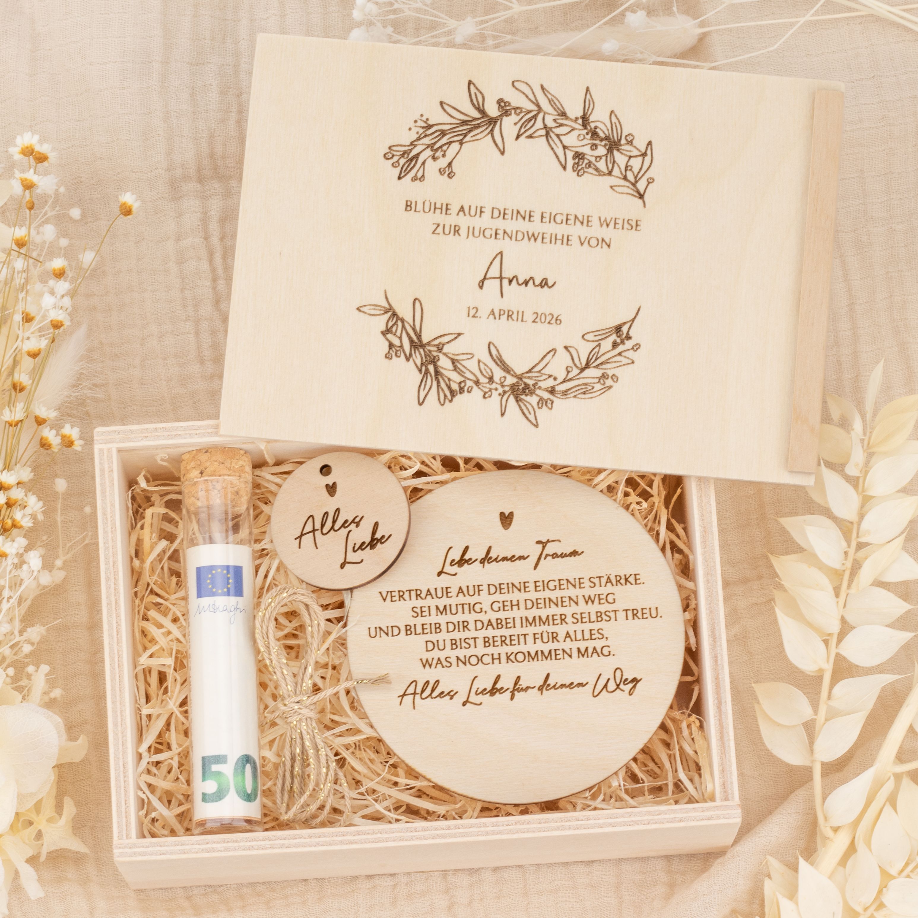 Personalisiertes Geldgeschenk zur Jugendweihe - Holzbox "Blätterkranz" mit Namen & Datum