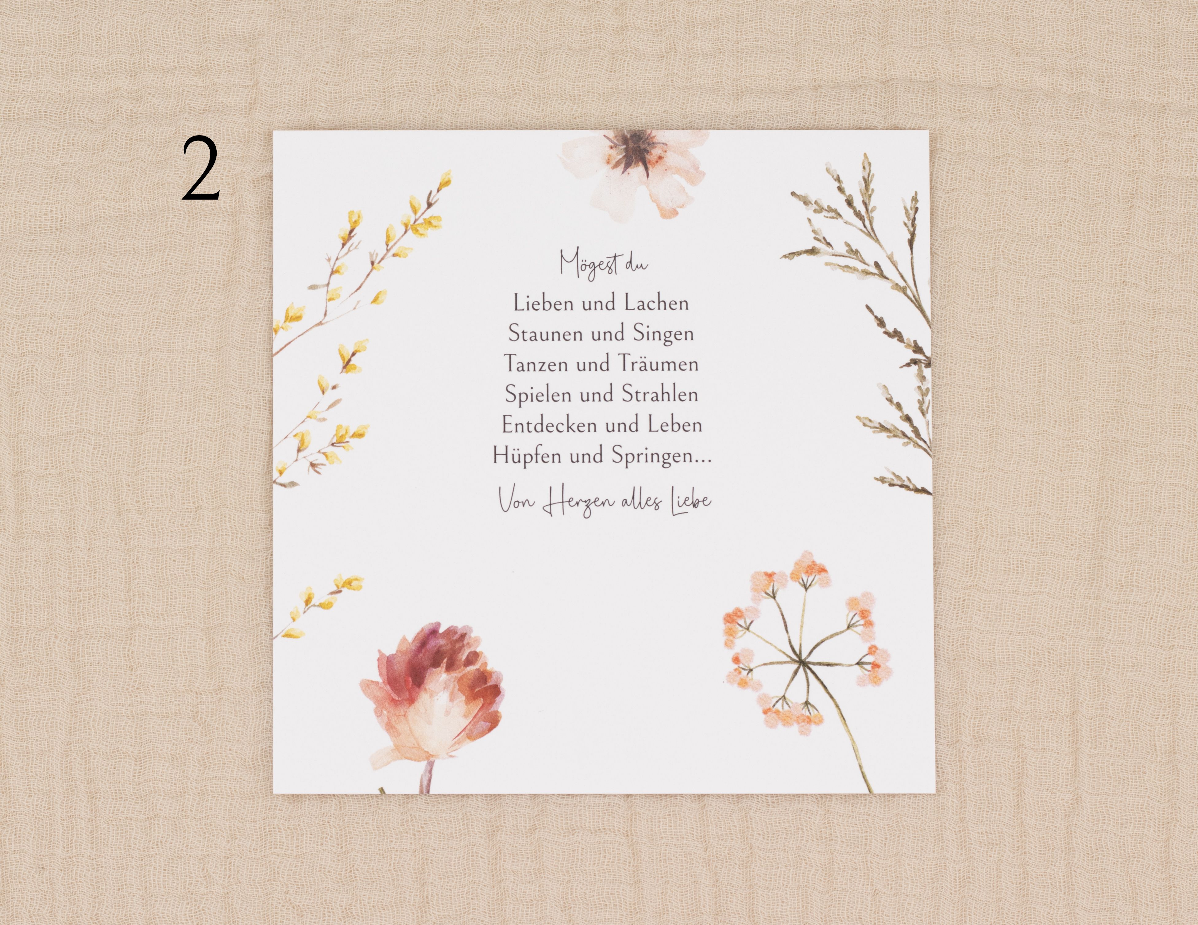 Einlegekarte für personalisierte Geschenkbox zur Kommunion mit farbenfrohen Blumen und einem inspirierenden Gedichttext