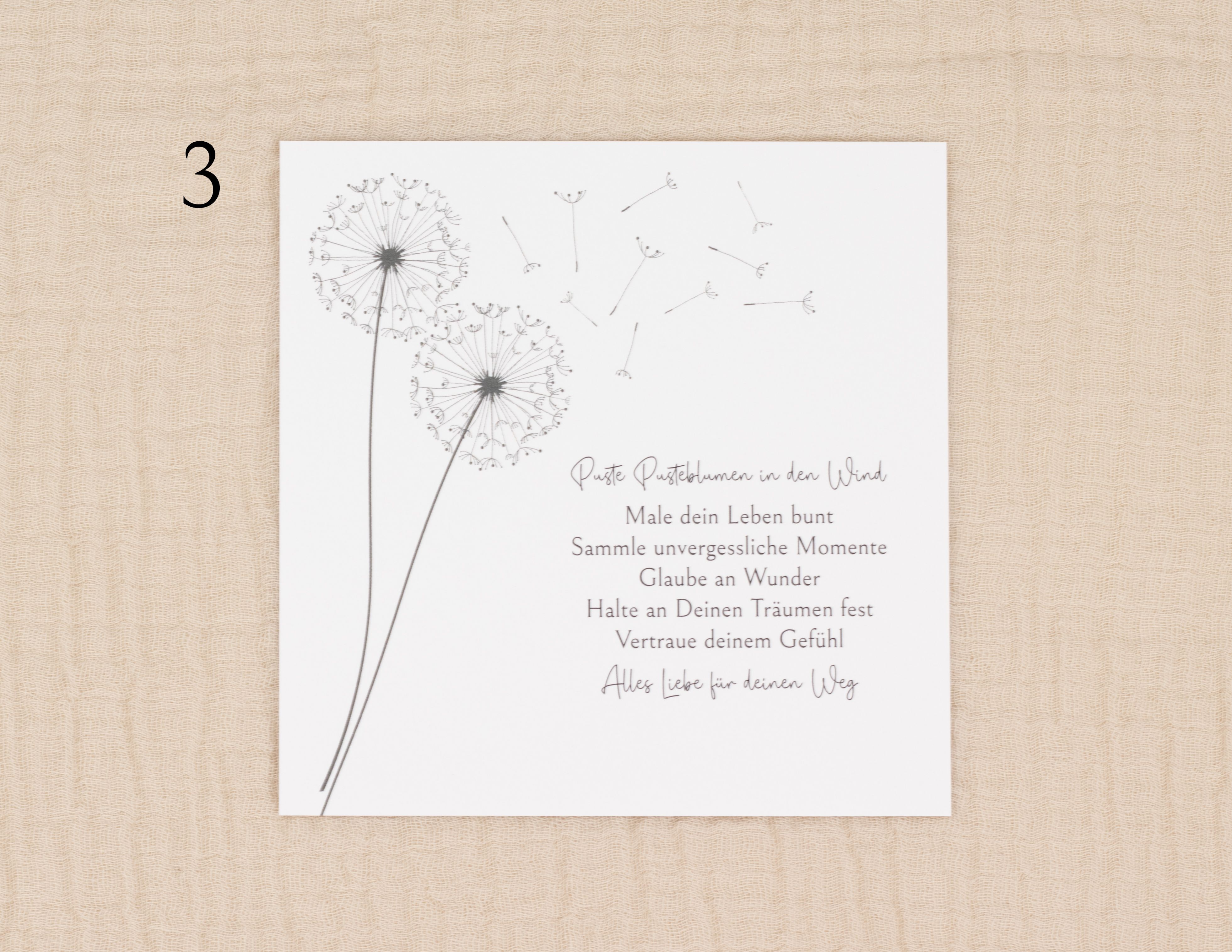 Geldgeschenk zur Kommunion mit personalisierter Einlegekarte - filigranem Pusteblumen-Motiv und inspirierendem Lebensspruch