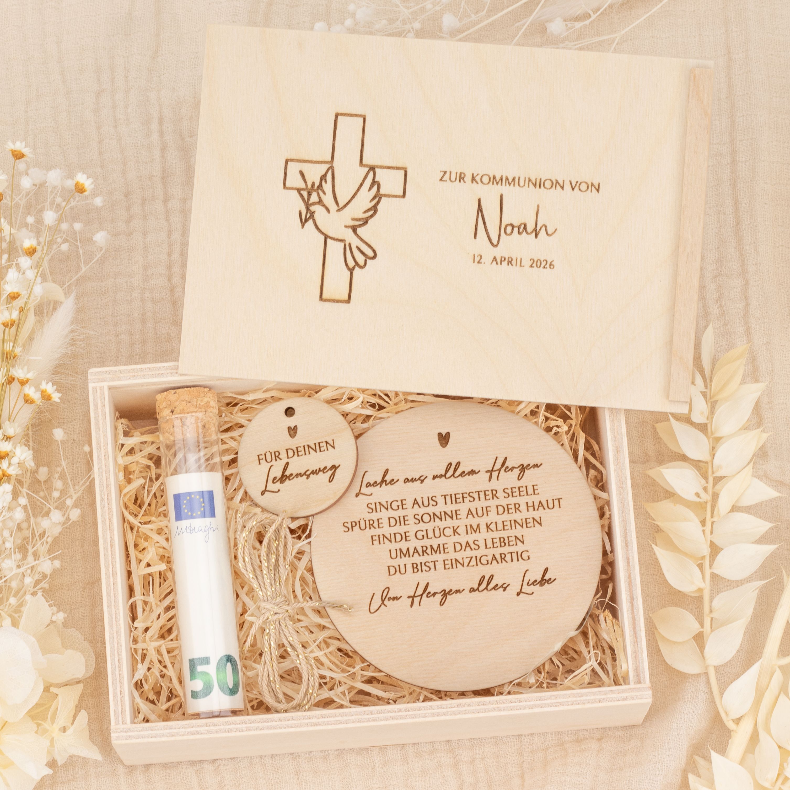 Personalisiertes Geldgeschenk zur Kommunion - Holzbox "Kreuz mit Taube" mit Namen & Datum