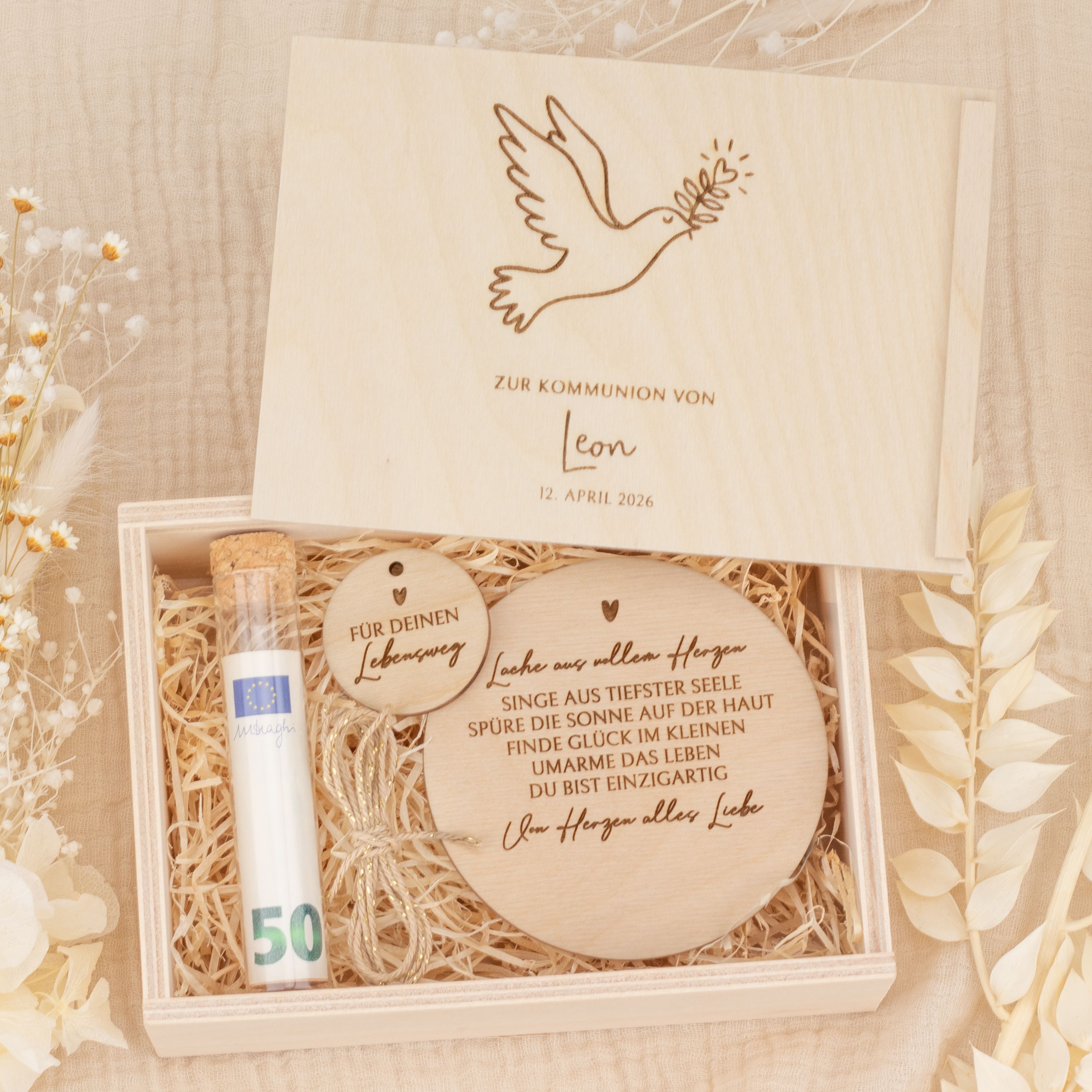 Personalisiertes Geldgeschenk zur Kommunion - Holzbox "Taube" mit Namen & Datum