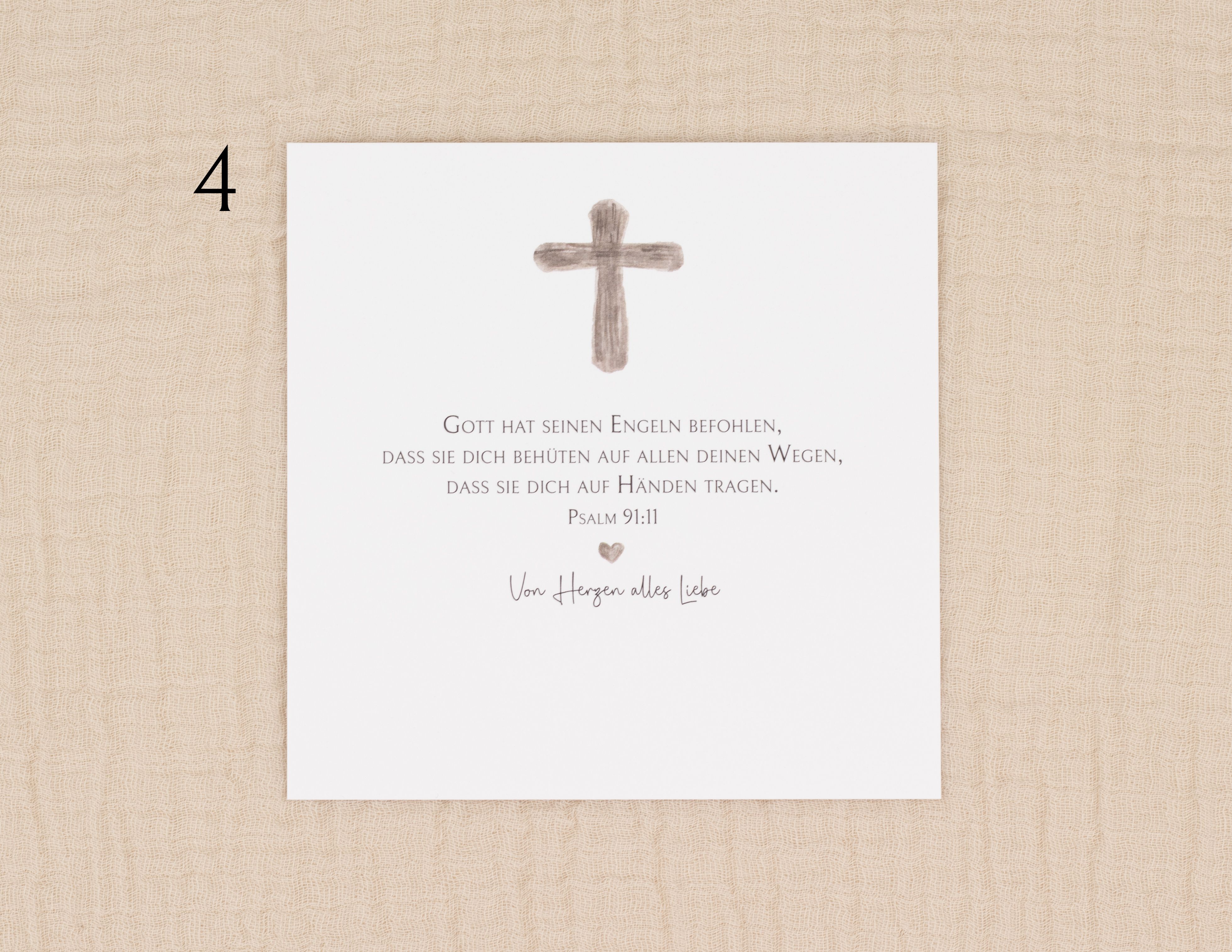 Geldgeschenk-Einlegekarte zur Kommunion mit Kreuzmotiv und dem Bibelvers Psalm 91:11 sowie 'Von Herzen alles Liebe'