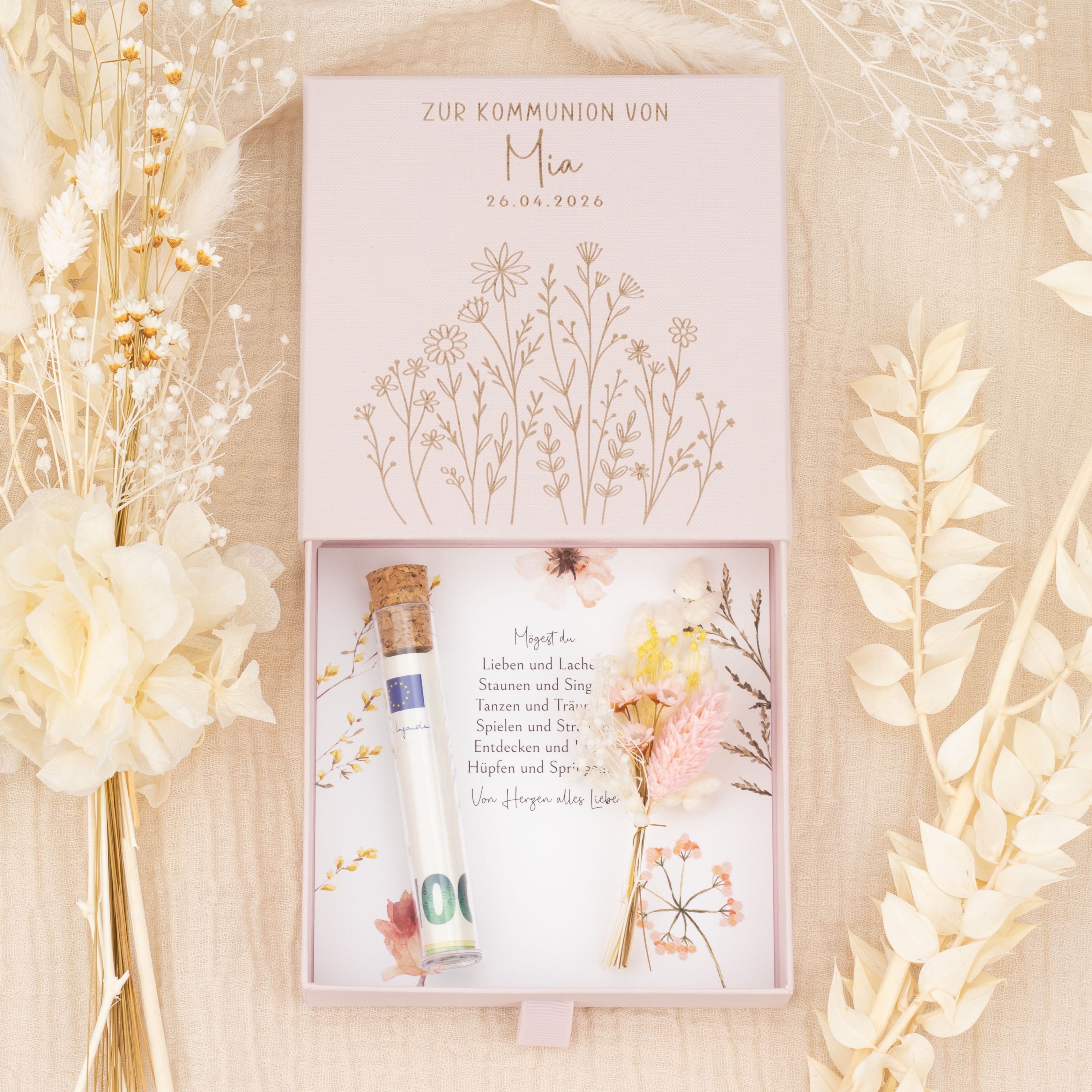 Rosa Geldgeschenkbox zur Kommunion mit Wildblumen Lasergravur