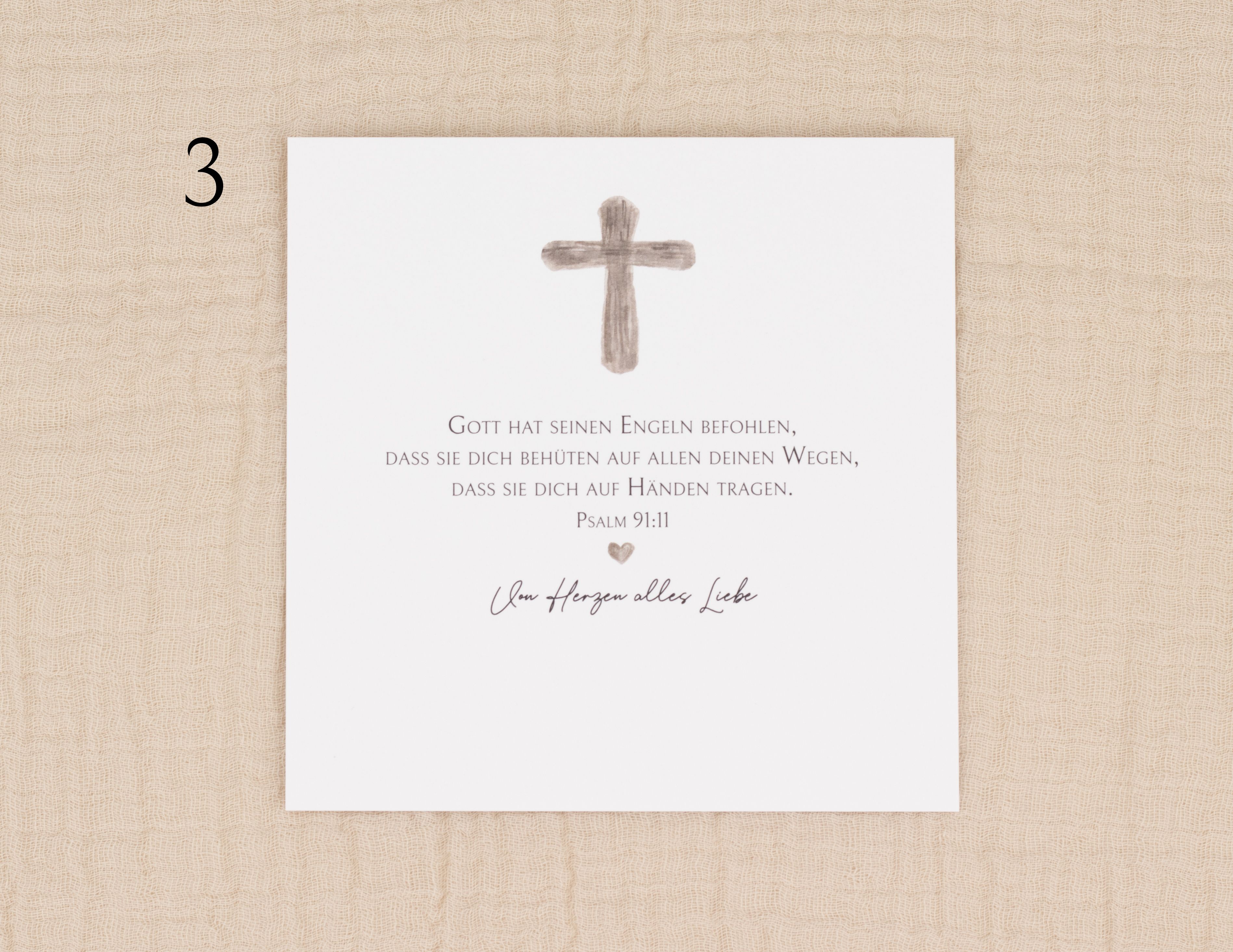 Einlegekarte für Geldgeschenk Konfirmation - gestaltet mit Kreuzmotiv - Bibelvers Psalm 91:11 und dem Gruß 'Vom Herzen alles Liebe'.