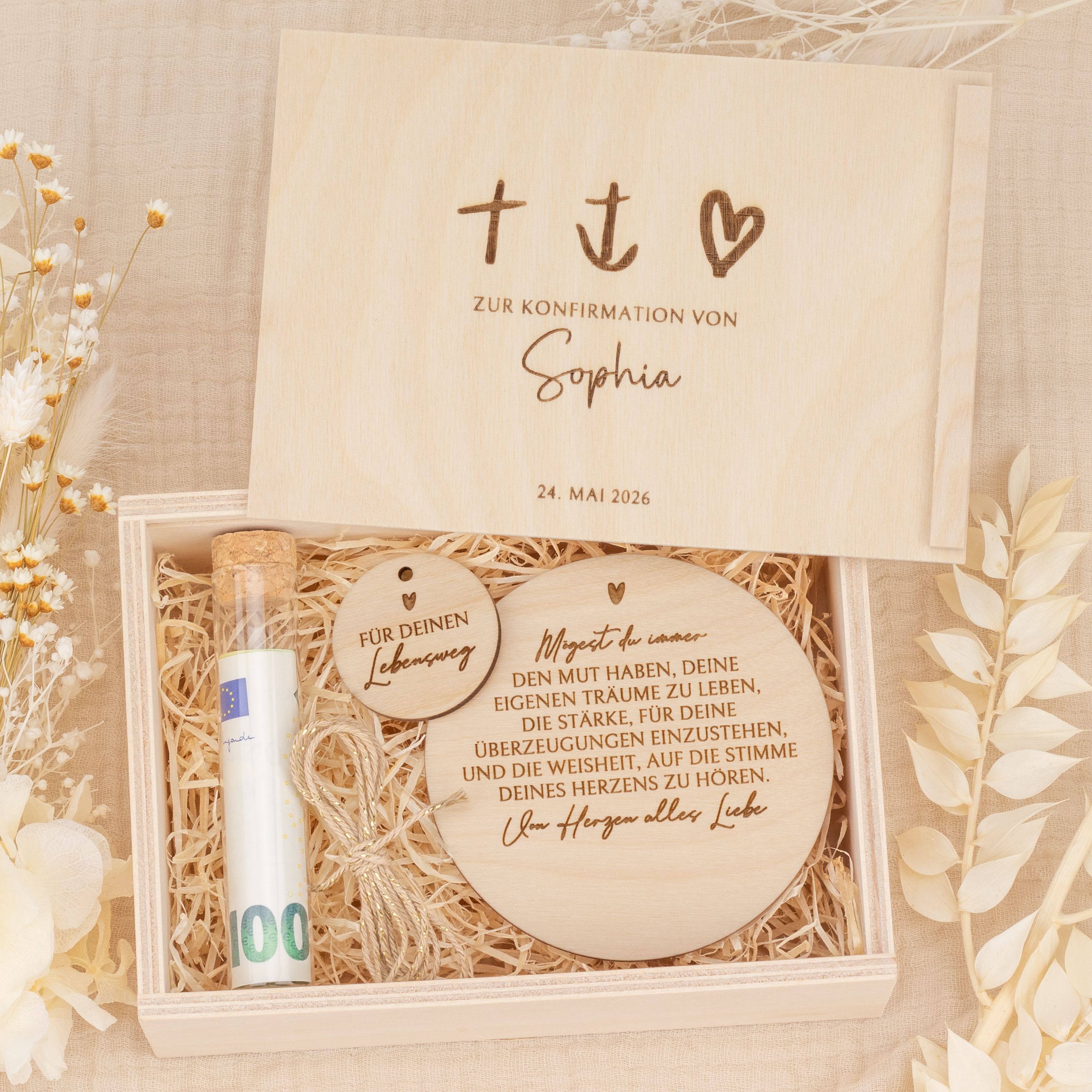 Personalisiertes Geldgeschenk zur Konfirmation - Holzbox "Glaube, Hoffnung, Liebe" mit Namen & Datum