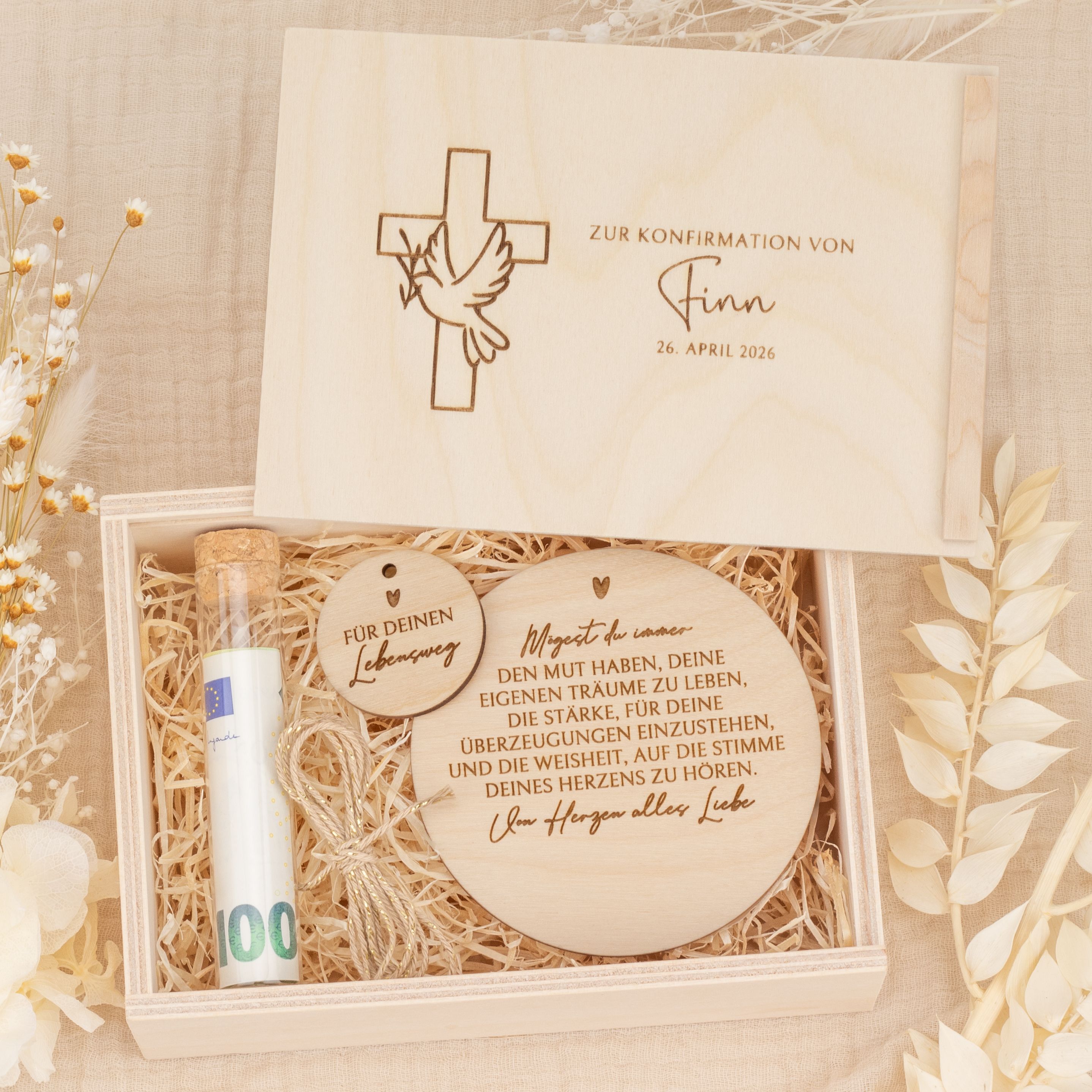 Personalisiertes Geldgeschenk zur Konfirmation - Holzbox "Kreuz mit Taube" mit Namen & Datum