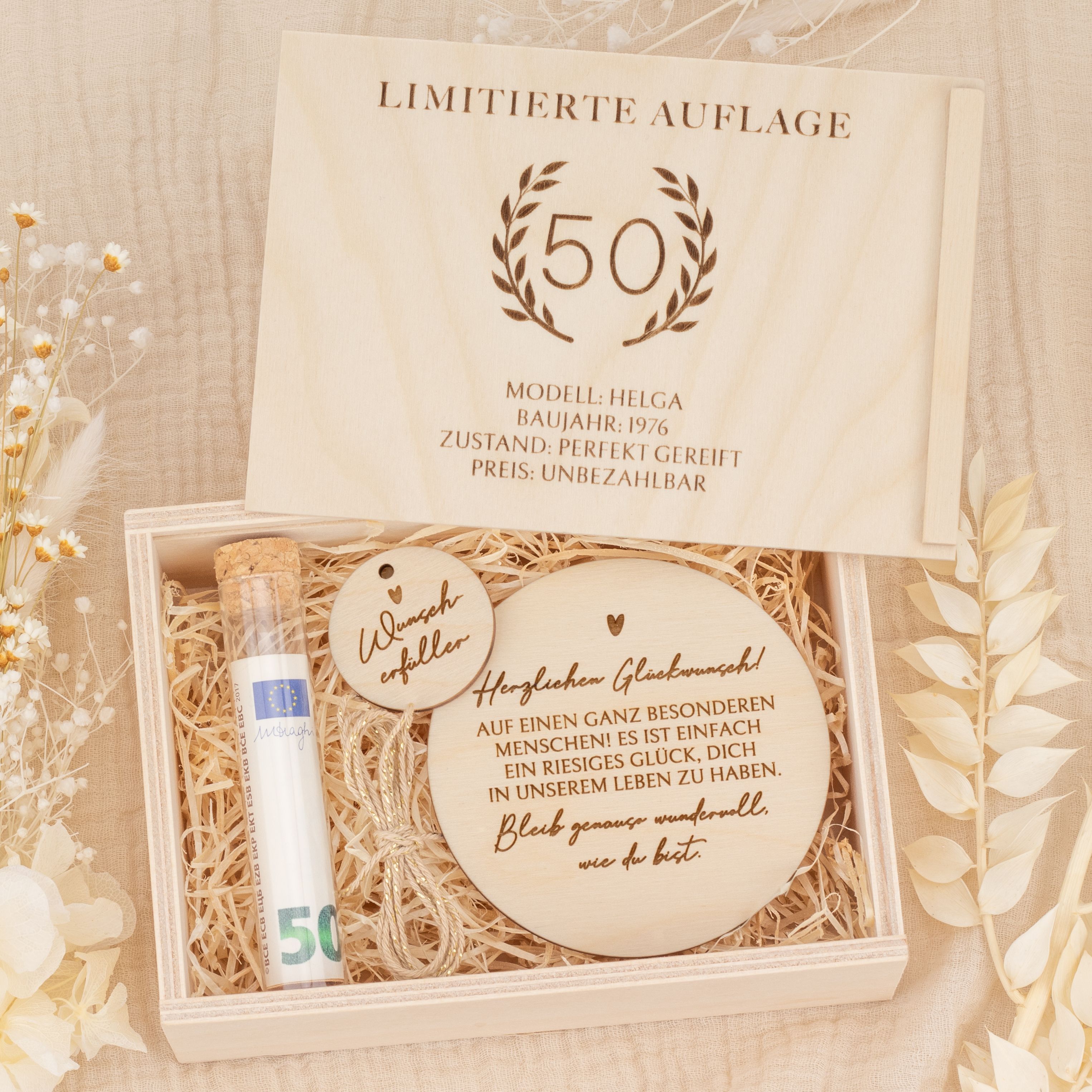 Personalisierte Geldgeschenk Holzbox zum 50. Geburtstag mit Lasergravur 'Limitierte Auflage', Zahl 50 und individuellem Namen