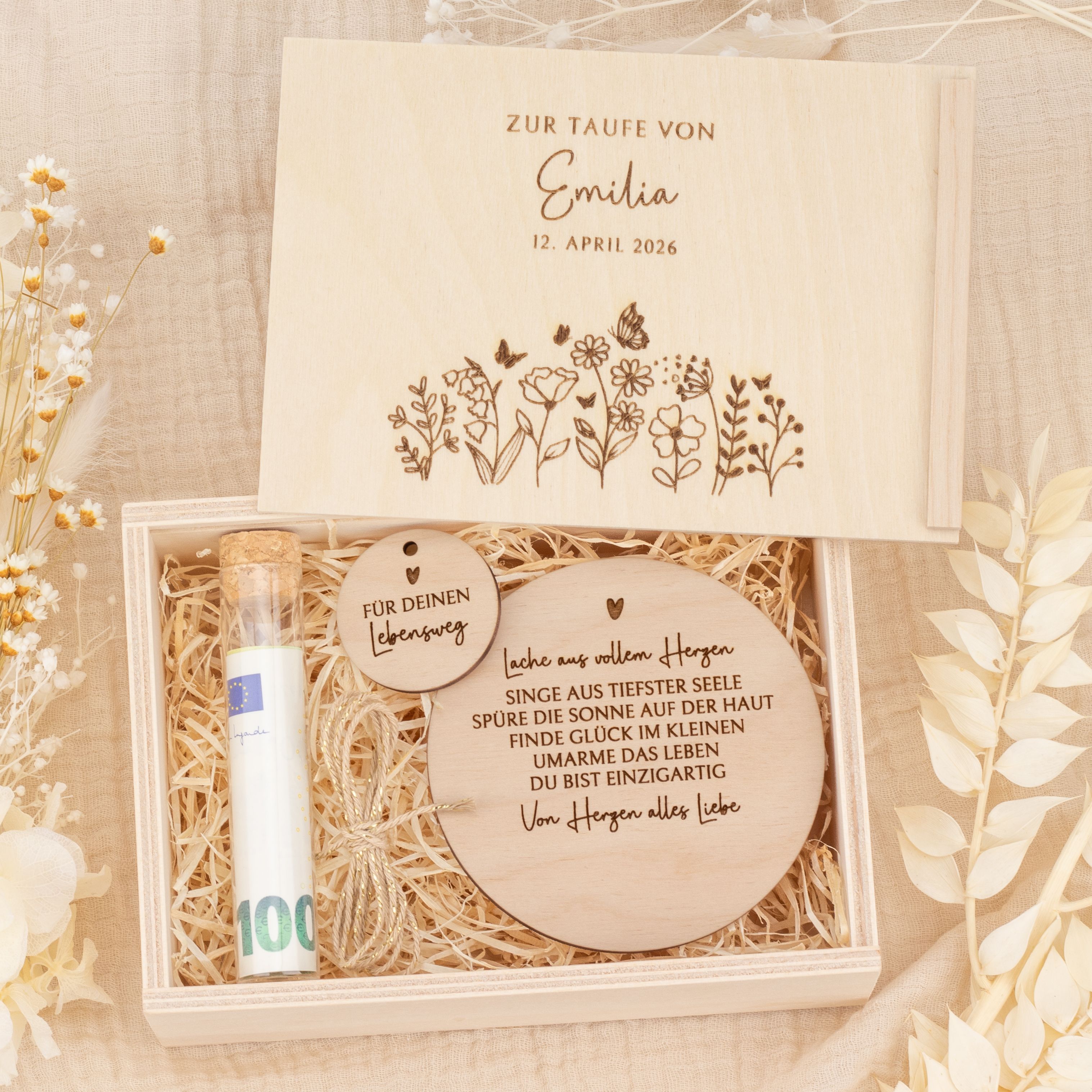 Personalisiertes Geldgeschenk zur Taufe - Holzbox "Blumenwiese" mit Namen & Datum