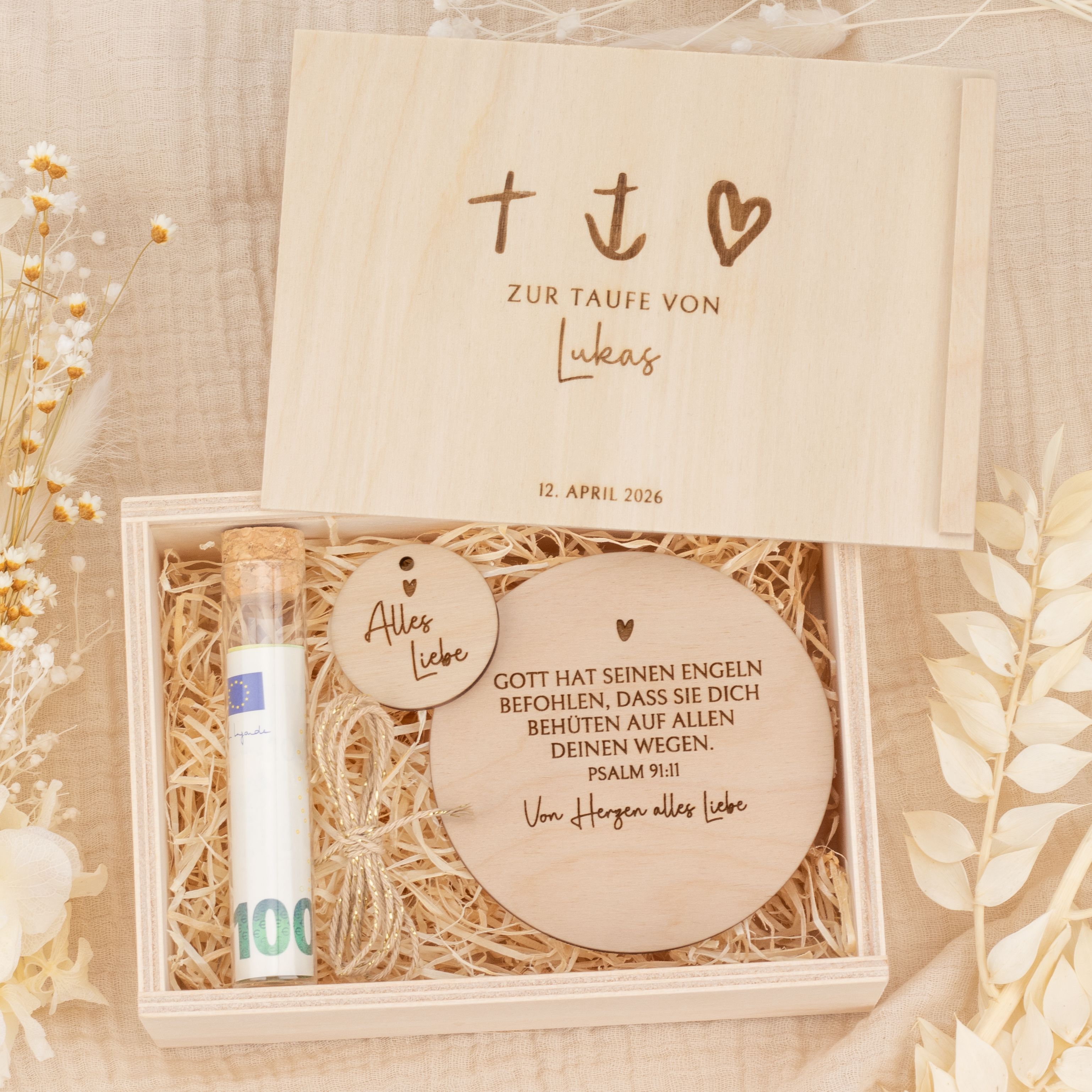 Personalisiertes Geldgeschenk zur Taufe - Holzbox "Glaube, Hoffnung, Liebe" mit Namen & Datum