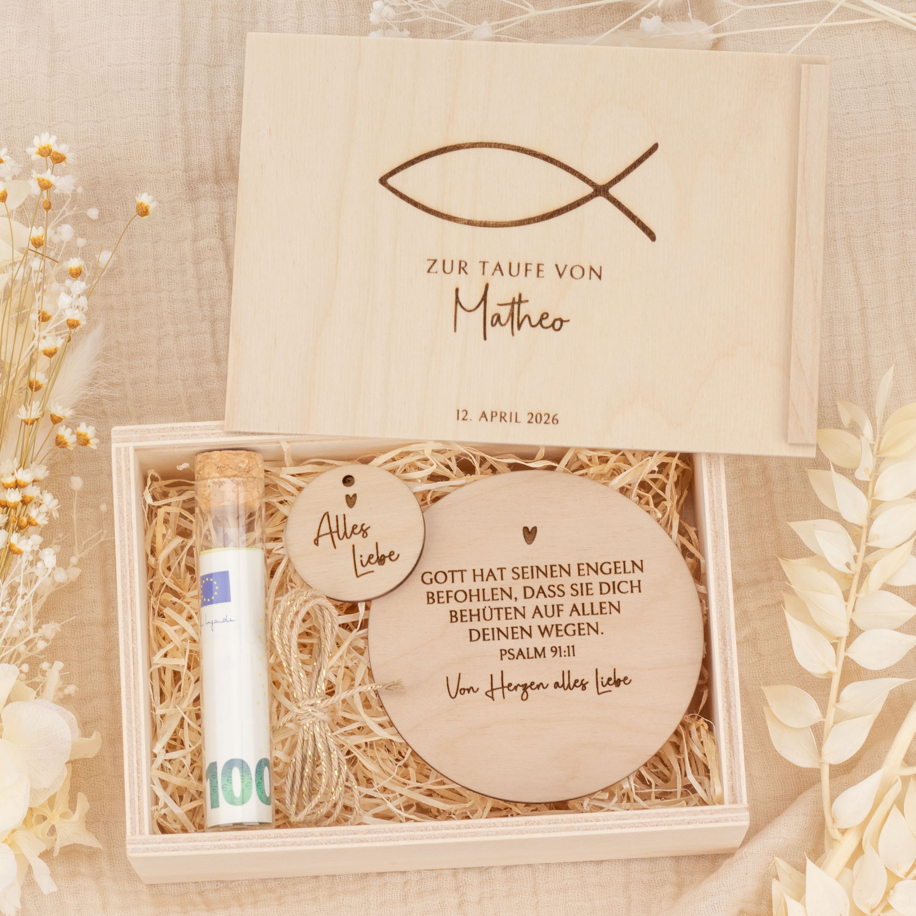 Personalisiertes Geldgeschenk zur Taufe - Holzbox "Ichthys" mit Namen & Datum