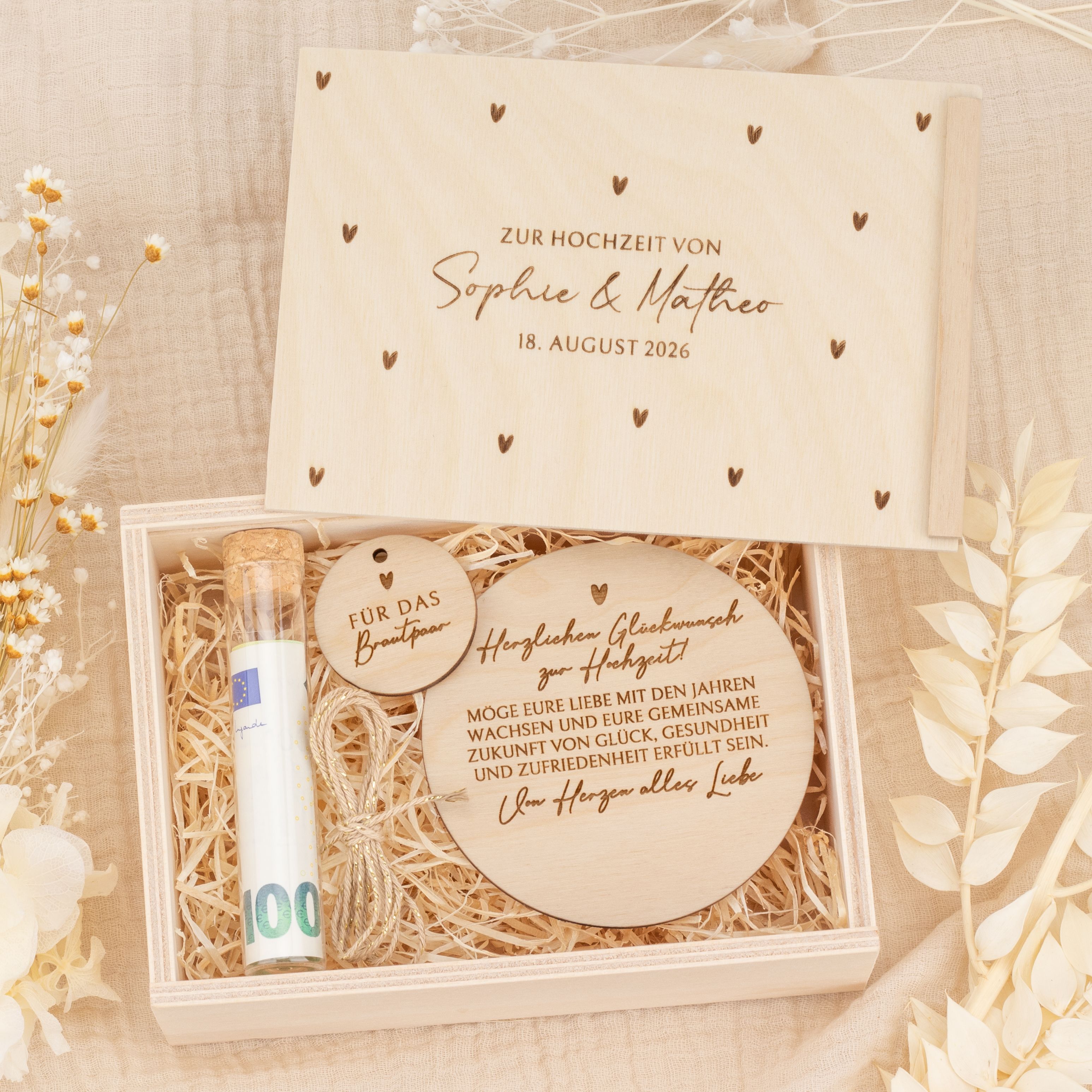 Personalisiertes Geldgeschenk zur Hochzeit - Holzbox "Herzregen" mit Namen & Datum