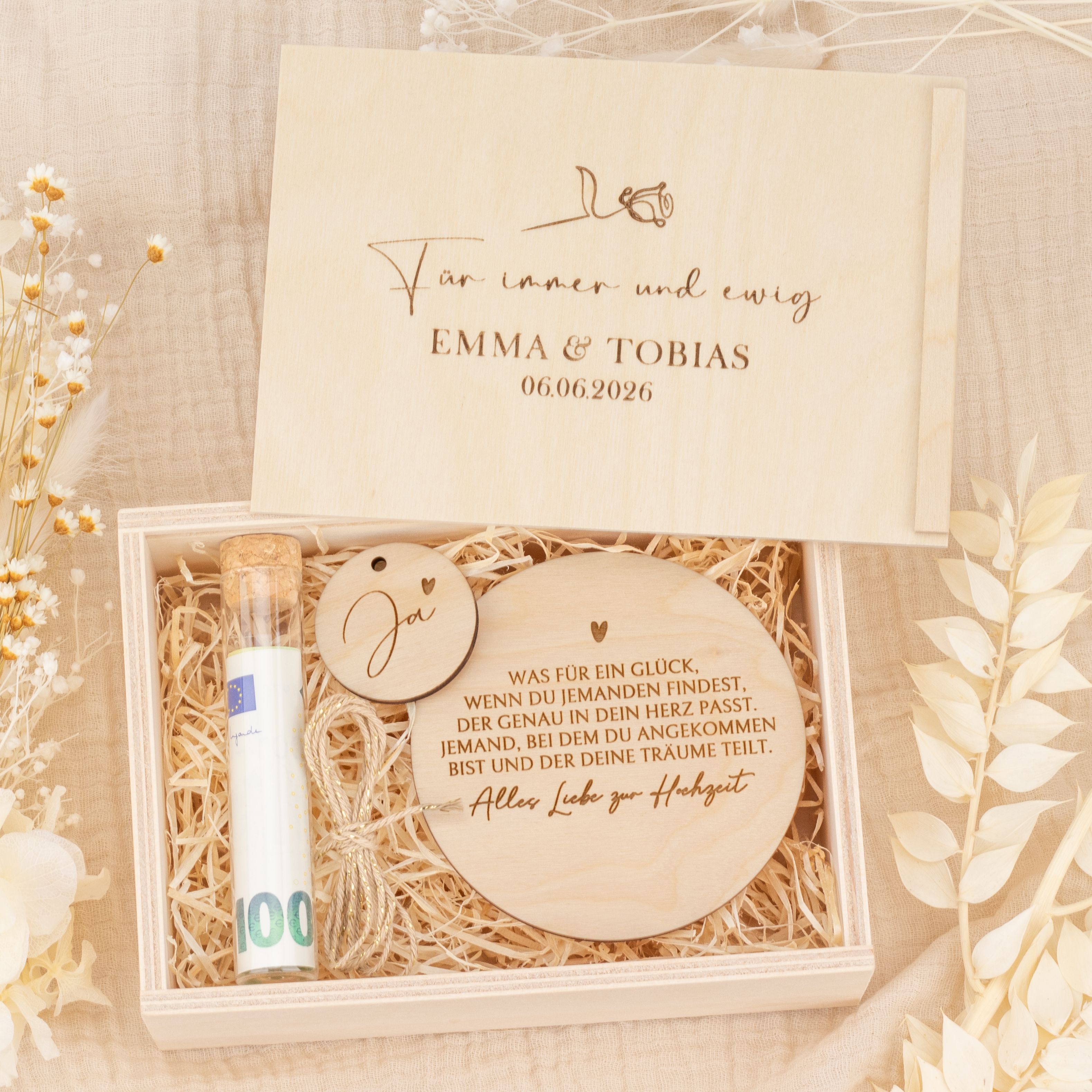Personalisiertes Geldgeschenk zur Hochzeit - Holzbox "Rose" mit Namen & Datum