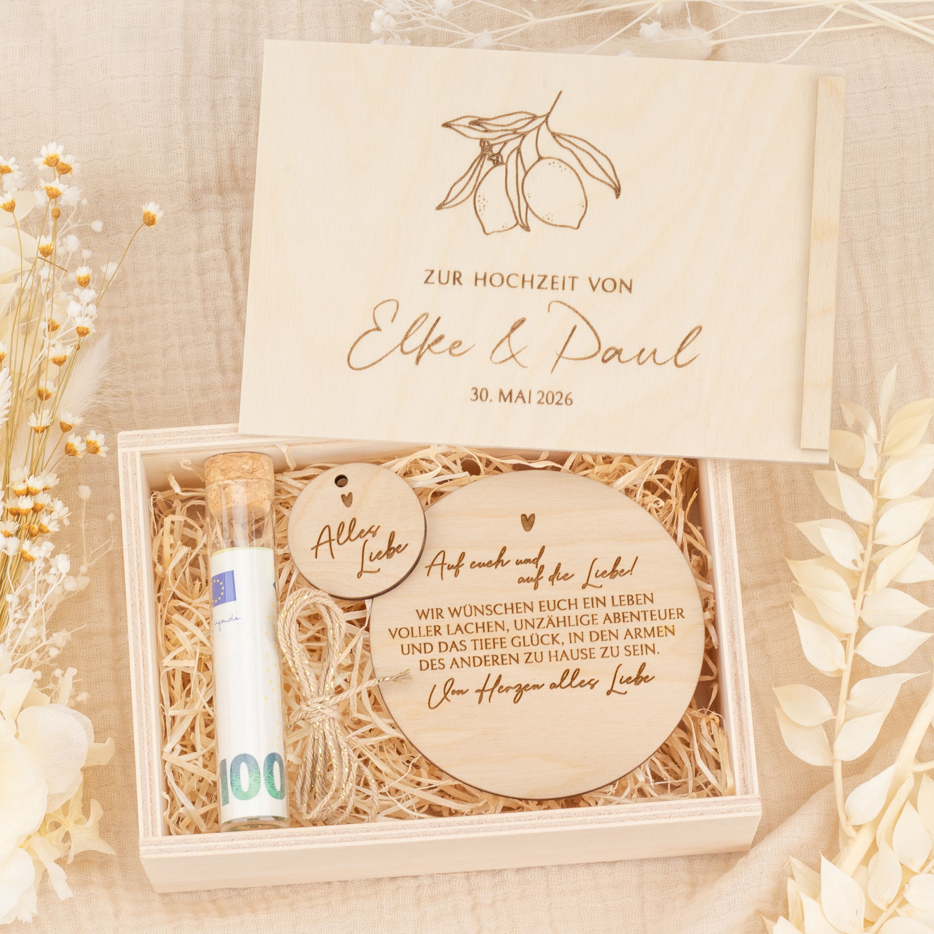 Personalisiertes Geldgeschenk zur Hochzeit - Holzbox "Zitronen" mit Namen & Datum